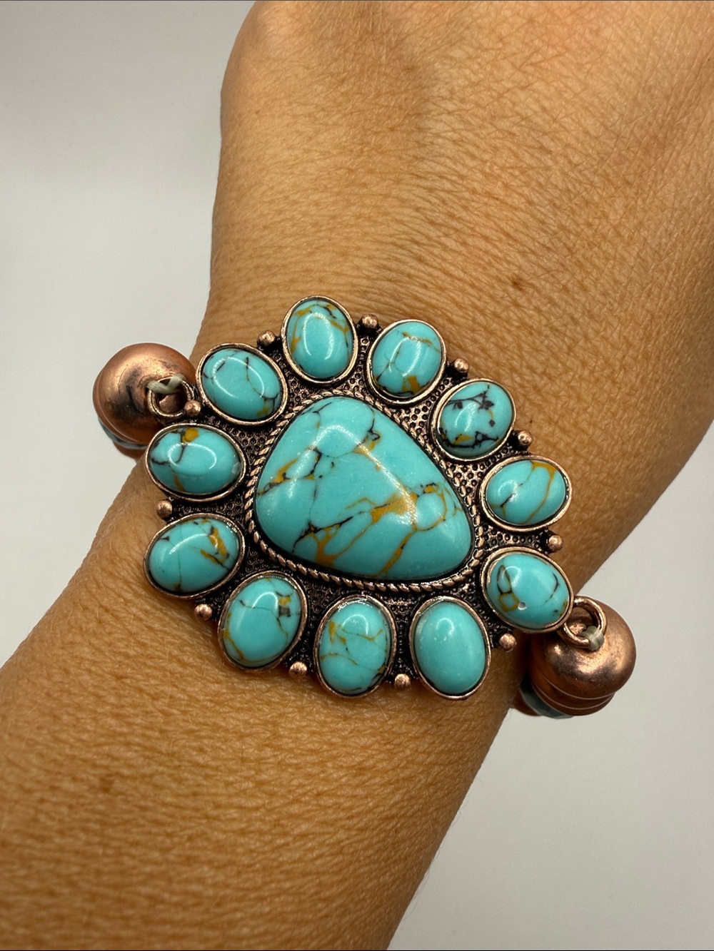 Vintage Southwestern Copper Turquoise Blue Tone Beaded Bangle Cuff Bracelet